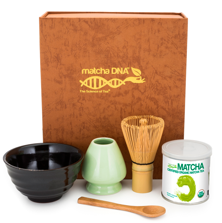 Matcha Tea Gift Box Set - Matcha Tea Ceremony Gift Set by MATCHA DNA  (Brown) - Comes with 1 oz Organic Matcha Green Tea, a Bamboo Whisk, Ceramic  Whisk